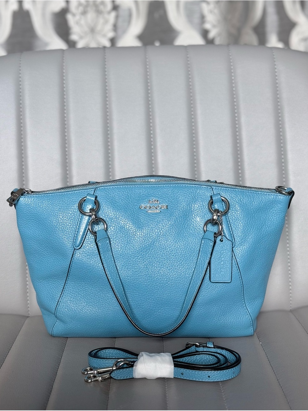 COACH Sky Blue Pebbled Leather Kelsey Satchel Crossbody Silver